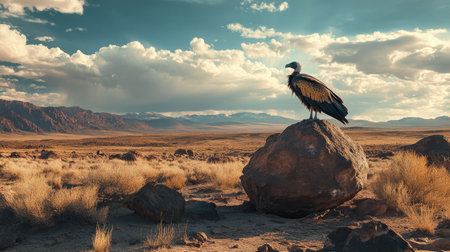 A majestic vulture stands on a rock, overlooking a vast and dramatic landscape. The serene scene captures the essence of wildlife in a stunning natural environment.の素材