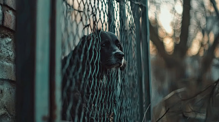 A black dog gazes longingly through a fence, embodying a poignant mix of sadness and hope against the backdrop of a beautiful sunset.の素材