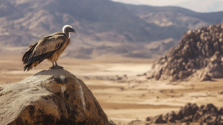 A solitary vulture stands proudly on a rocky outcrop against a stunning desert backdrop, showcasing the beauty of wildlife in its natural habitat.の素材