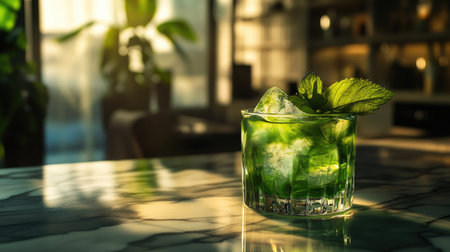 A beautifully crafted mojito cocktail, featuring fresh mint leaves and ice, glimmers in bright light. Perfect for summer relaxation and gatherings.の素材