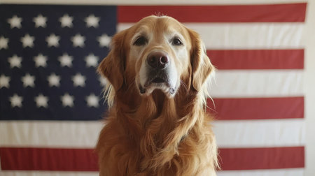 A stunning portrait of a golden retriever in front of an American flag, showcasing its loyal and affectionate nature. This image captures a strong bond between pets and family.の素材