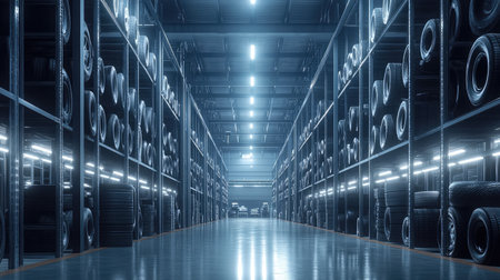 A spacious tire warehouse featuring neatly arranged shelves filled with tires, illuminated by bright overhead lights, showcasing a modern industrial storage solution.の素材
