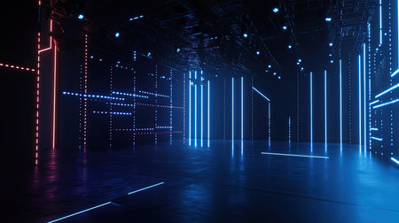 Immerse yourself in a futuristic studio featuring vibrant neon lights. This modern design element creates a dynamic atmosphere perfect for creative projects or performances.の素材