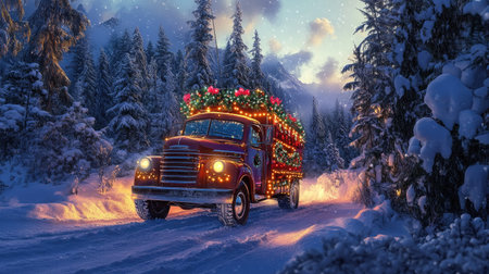 A vintage truck adorned with Christmas lights delivers a festive tree through a serene, snowy landscape, capturing the spirit of the holiday season. Perfect for winter themes.の素材
