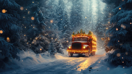 A charming red truck adorned with colorful lights travels through a snowy forest, capturing the magic of winter and holiday spirit in a serene setting.の素材