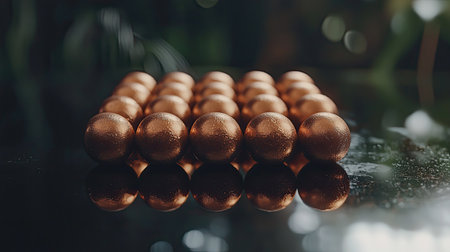 This image features a meticulous arrangement of glimmering bronze balls on a reflective surface, enhancing the natural ambiance and offering a modern aesthetic.の素材