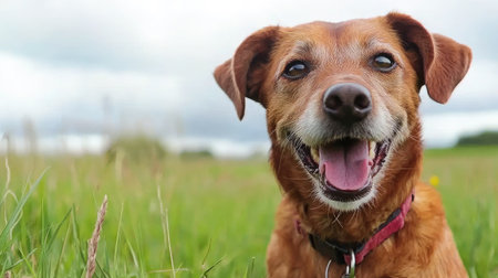 A joyful dog with a big smile lounges in a lush green field. The cloudy sky adds a serene backdrop to this delightful pet portrait. Perfect for animal lovers!の素材