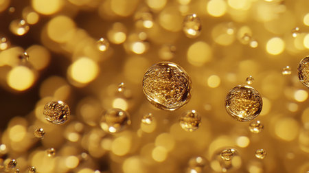 Golden bubbles gracefully float in a shimmering golden background, creating an elegant and mesmerizing abstract visual. Perfect for festive themes and luxury concepts.の素材