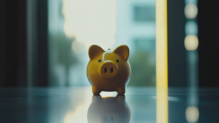A bright yellow piggy bank stands on a reflective surface, illuminated by soft light, symbolizing savings, financial planning, and childhood nostalgia.の素材
