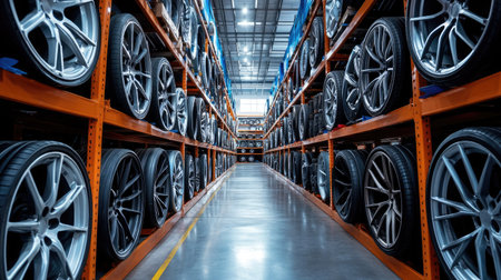 A modern warehouse interior showcasing neatly organized alloy wheels on shelves. The image highlights efficient storage solutions in the automotive industry.の素材