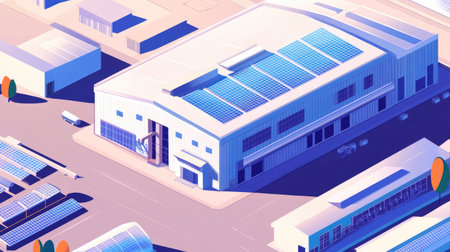 This aerial view showcases a modern industrial building featuring solar panels, representing sustainability and innovation in urban development.の素材