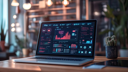 A modern laptop displays vibrant data visualizations in a bright office space. The screen features graphs and statistics, ideal for business analysis and strategy planning.の素材