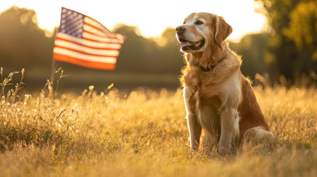 A charming golden retriever sits gracefully in a sunlit field, with an American flag waving gently in the background, embodying joy and loyalty.の素材