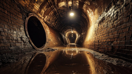 A striking view of a dark, moody underground tunnel featuring brick walls and reflective water surfaces. The atmosphere evokes mystery and exploration.の素材