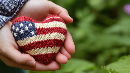 A person holds a beautifully knitted heart featuring the American flag colors, symbolizing love and patriotism, surrounded by vibrant green nature.の素材