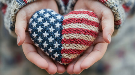 A person holds a knitted heart featuring an American flag design, symbolizing love, patriotism, and connection. The cozy fabric adds warmth and charm.の素材