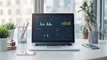 A sleek laptop shows vibrant data analytics on a stylish office desk. The bright workspace features greenery, enhancing productivity and organization.の素材