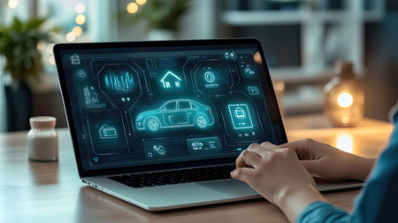 A person interacts with a digital interface on a laptop, showcasing smart car technology features and innovative design elements in a modern workspace.の素材