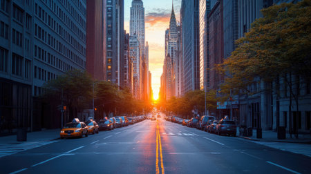 A breathtaking sunset illuminates city streets lined with skyscrapers. Vehicles are parked along the road, creating a serene yet vibrant urban ambiance.の素材
