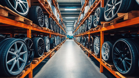 A spacious automotive warehouse showcasing neatly organized tire storage. Shelves filled with various tire types provide an efficient space for inventory management.の素材