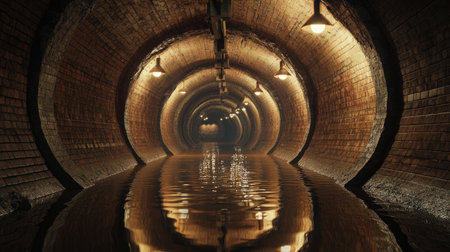 Explore a captivating underground tunnel featuring reflective water surfaces and warm lighting. The brick architecture and tranquil atmosphere create a mysterious allure for exploration.の素材