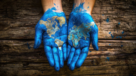 Hands covered in blue paint showcase a world map, symbolizing unity and global awareness. This artistic piece emphasizes the connection between humanity and the planet.の素材