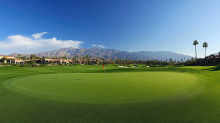 A stunning view of a golf course featuring a perfect green foreground, a flag in the hole, and majestic mountains under a clear blue sky, ideal for relaxation.の素材