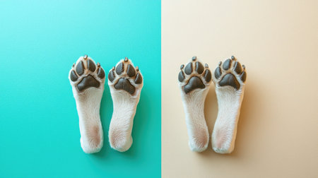Adorable close-up of animal paw prints on colorful backgrounds, perfect for pet lovers. Unique composition highlights textures and joyful expressions.の素材