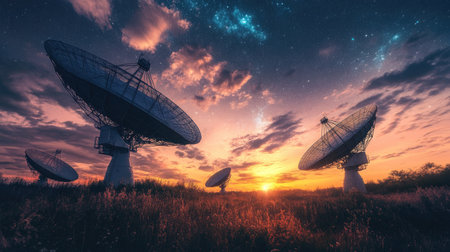 Stunning view of satellite dishes against a colorful sunset backdrop. Majestic clouds stretch across the sky, creating a serene atmosphere in a vast landscape.の素材