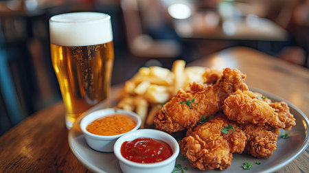 Enjoy a plate of crispy fried chicken accompanied by fries and a refreshing beer, perfect for casual dining in a cozy restaurant atmosphere.の素材