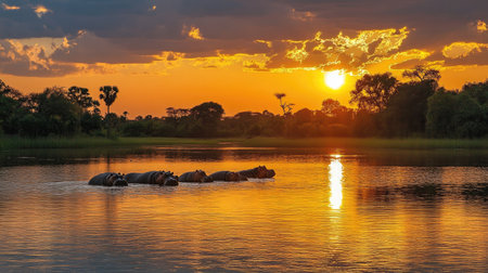 A stunning sunset scene captures hippos lounging in the calm waters. Golden light reflects off the river, creating a tranquil atmosphere filled with wildlife.の素材