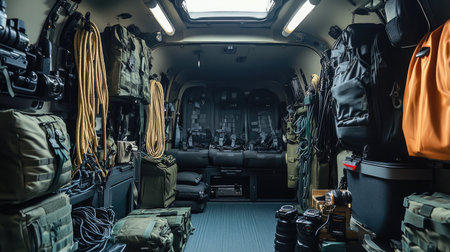 This interior view of a tactical vehicle showcases organized gear and equipment, ideal for military operations, emergency services, or outdoor adventures.の素材