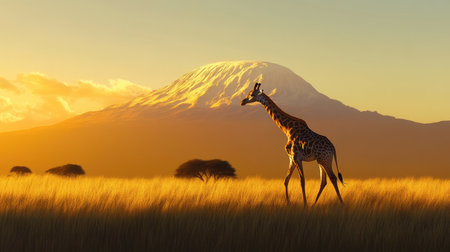 A solitary giraffe strolls gracefully through the golden savanna, with a magnificent snow-capped mountain in the background, creating a serene and stunning scene.の素材