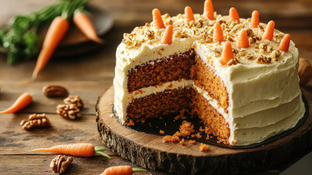 A delightful carrot cake with cream cheese frosting and mini carrots on top, beautifully presented on a rustic wooden board, perfect for any celebration.の素材