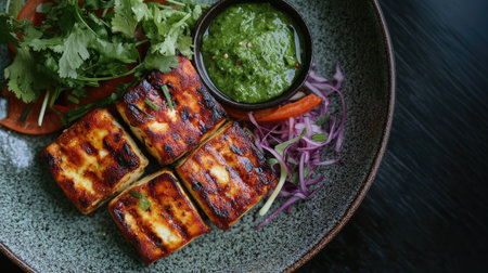 A vibrant platter featuring grilled paneer cubes paired with green chutney and fresh salad. Ideal for vegetarian meals and healthy dining options.の素材