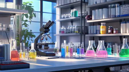 A vibrant laboratory scene featuring a microscope and an array of colorful glassware filled with different liquids. Ideal for scientific and educational themes.の素材