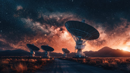 A breathtaking view of satellite dishes under a starry night sky, featuring the Milky Way in the background. This captivating scene combines technology and cosmic beauty.の素材