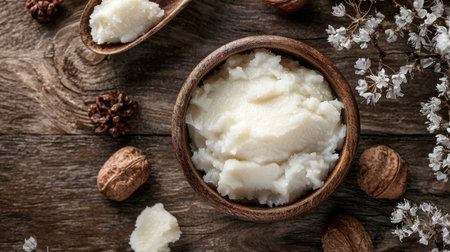 Indulge in the rich, creamy texture of organic shea butter presented in a rustic wooden bowl, surrounded by decorative elements that enhance the beauty aesthetic.の素材
