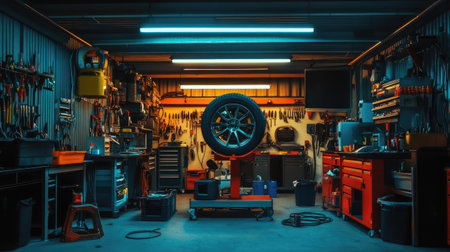 A well-lit garage workshop featuring a tire on a stand, surrounded by organized tools and equipment. The setting emphasizes craftsmanship and automotive care.の素材