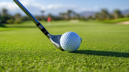 A close-up view of a golf club poised to strike a white golf ball on lush green grass, capturing the essence of sportsmanship and focus in action.の素材