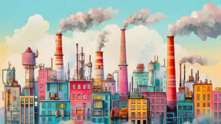 Vibrant industrial cityscape featuring colorful factories emitting smoke against a clear sky. This artistic representation showcases urban architecture and energy production.の素材