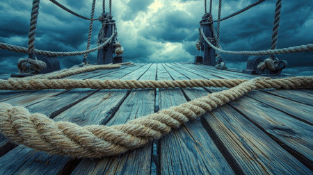 A captivating view of a weathered wooden dock with ropes, set against a dramatic cloudy sky. This image evokes a sense of adventure and tranquility.の素材