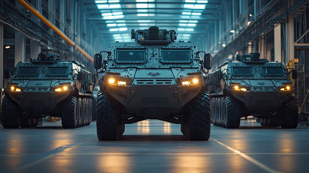 Trio of modern armored vehicles positioned in an expansive industrial warehouse, showcasing advanced military design and technology, highlighting security and defense readiness.の素材