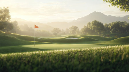 A captivating view of a golf course at sunrise, featuring rolling green hills, a marked hole, and majestic mountains in the background, evoking tranquility and adventure.の素材