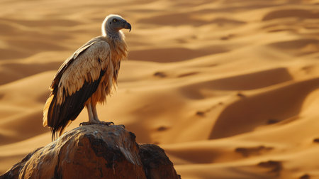 A vulture stands majestically on a rock amidst a vast sandy desert, showcasing its impressive feathers during sunset. This serene moment captures wildlife in a stunning natural setting.の素材