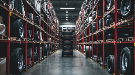 A spacious warehouse filled with neatly organized tire stocks on shelves. The image depicts a well-maintained indoor facility dedicated to tire storage and logistics.の素材