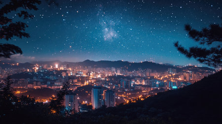 A breathtaking view of a vibrant city skyline illuminated at night, set against a starry sky. The blend of urban lights and nature creates a tranquil ambiance.の素材