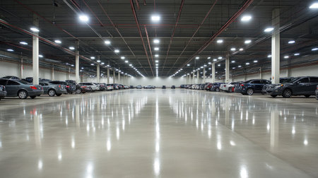 A spacious indoor parking garage featuring modern lighting and a shiny concrete floor. The organized arrangement of vehicles highlights a clean and functional design.の素材