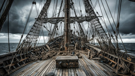 Experience the dramatic view from a historical sailing shipの素材