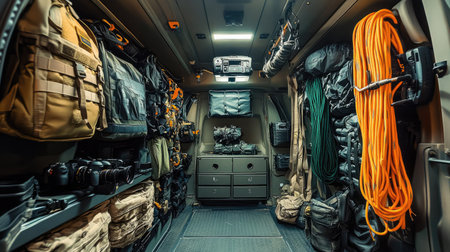 This image showcases a well-organized interior of a vehicle designed for tactical storage. Various gear, ropes, and equipment are neatly arranged for easy access, perfect for field operations and adventures.の素材